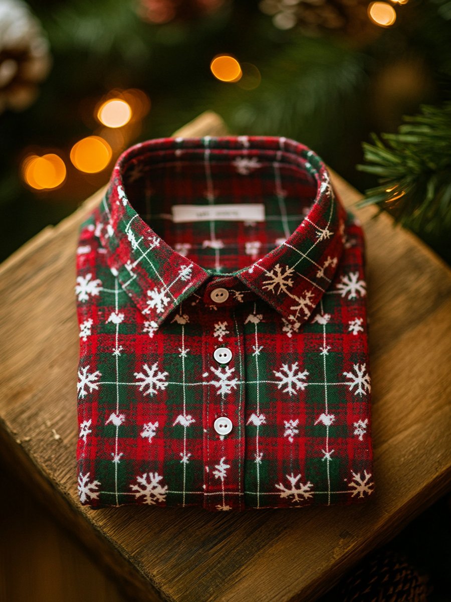 Camisa ejecutivo Christmas a cuadros Snowflake estampado Christmas de manga larga para hombre