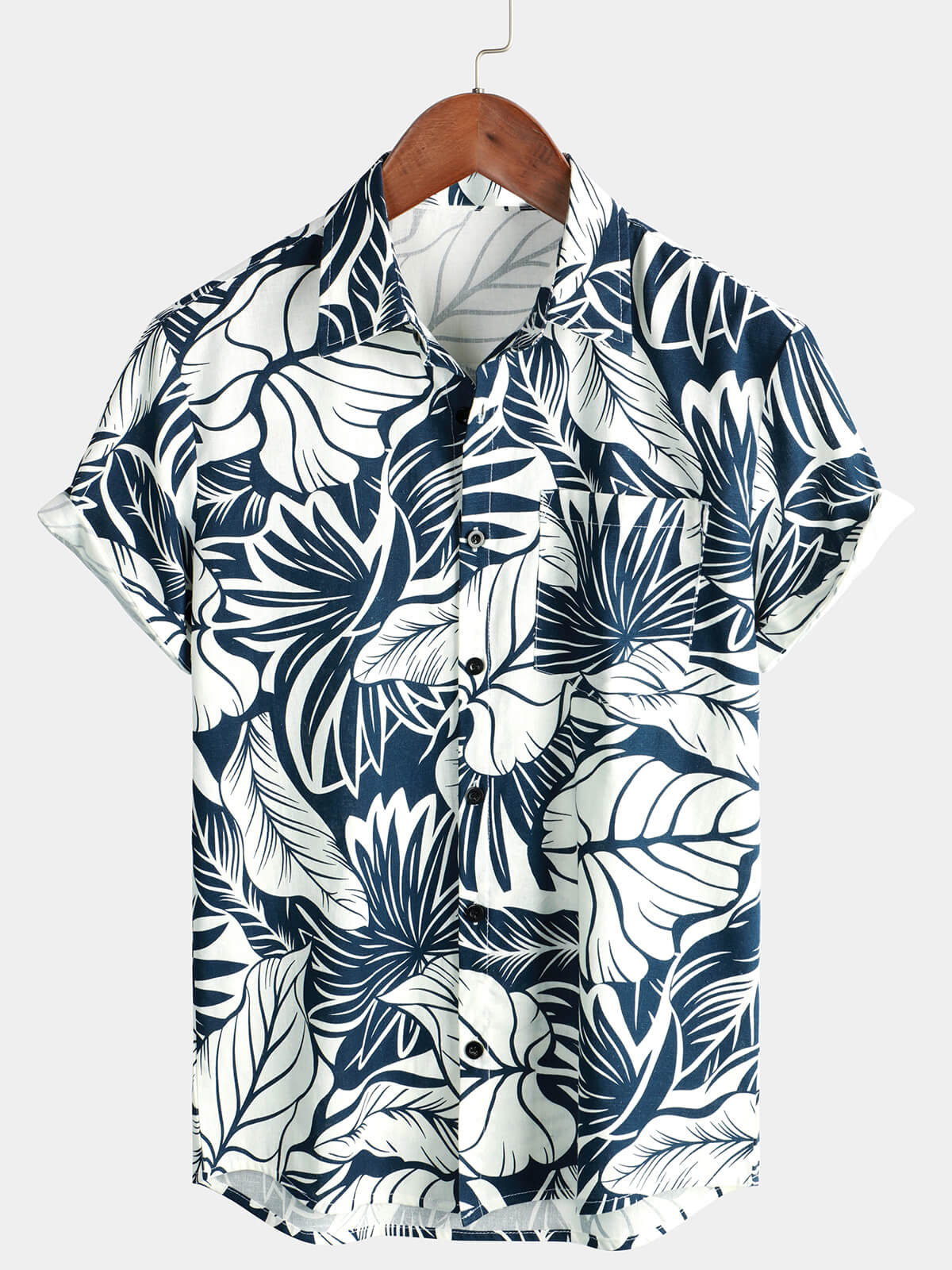Camisa Tropical Plant estampado Pocket de algodón de lino Hawaiian de manga corta para hombre