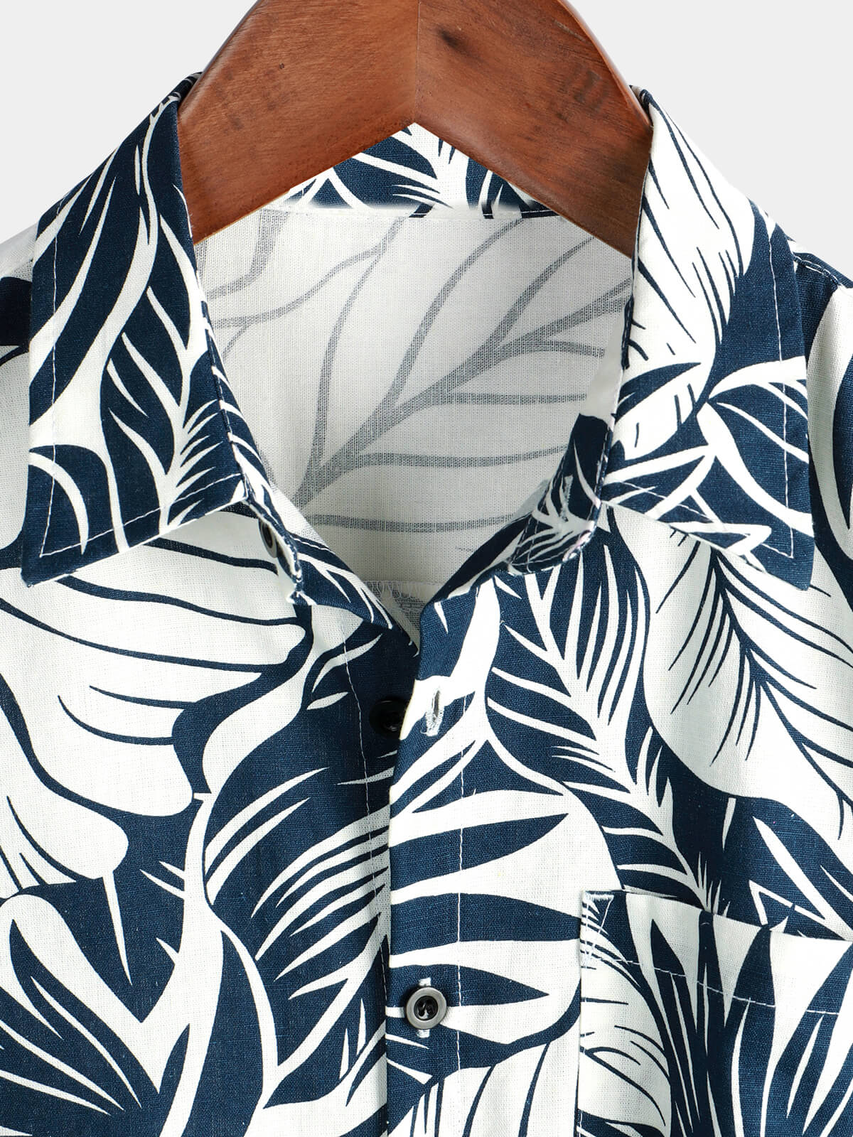 Camisa Tropical Plant estampado Pocket de algodón de lino Hawaiian de manga corta para hombre