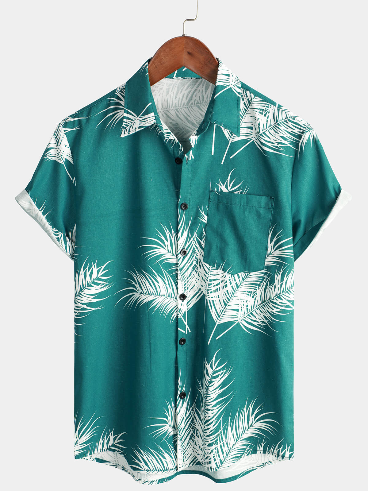 Camisa Beach Holiday de algodón de lino Tropical Plant estampado Pocket Hawaiian de manga corta para hombre