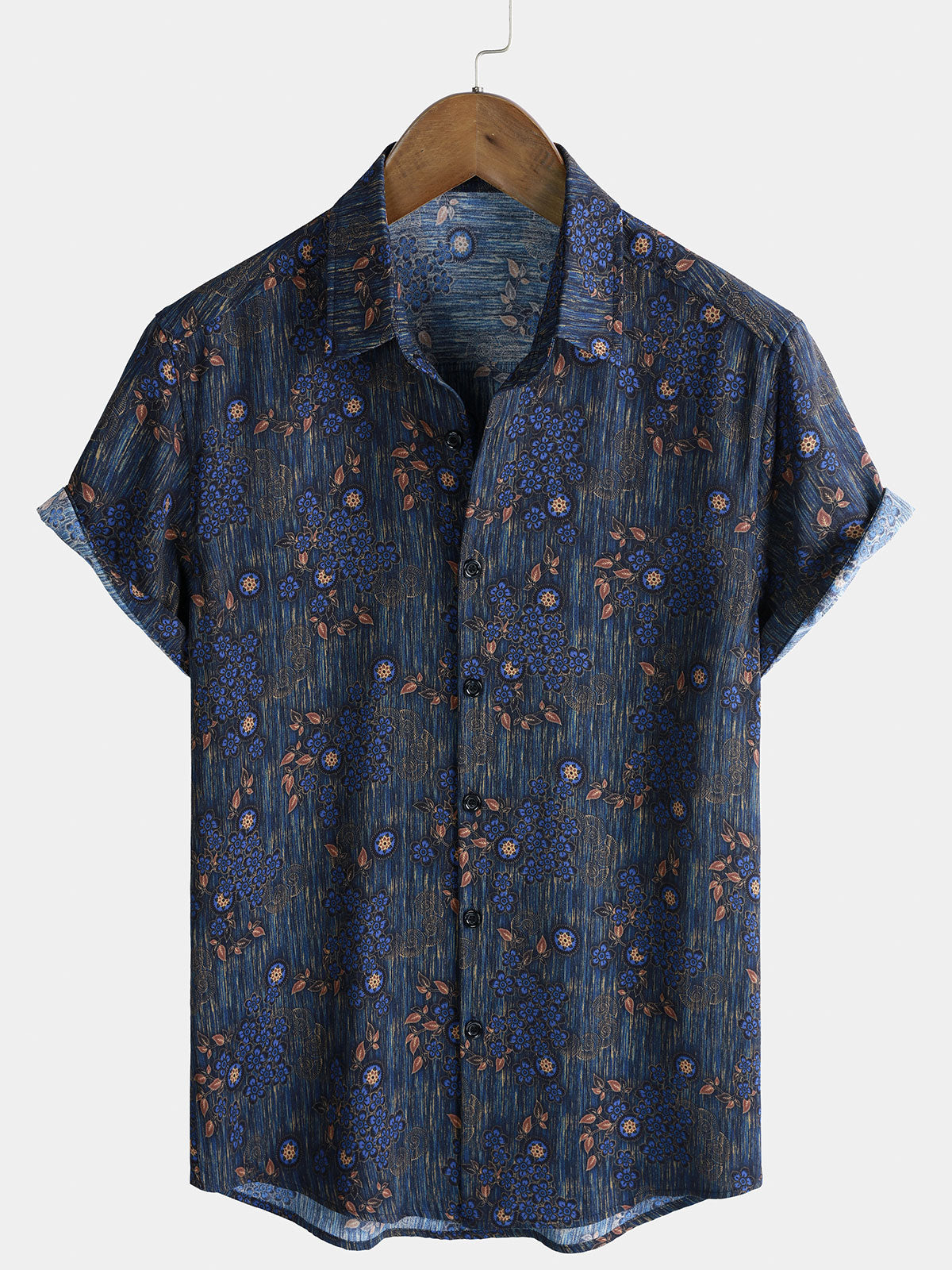 Camisa vintage Blue floral estampado de manga corta para hombre