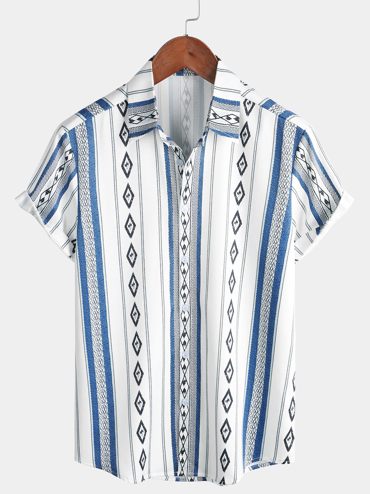 Camisa casual Blue and White a rayas vintage de manga corta 70s retro Aztec estampado Button Up para hombre
