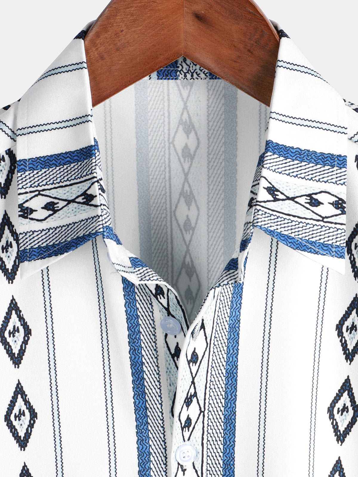 Camisa casual Blue and White a rayas vintage de manga corta 70s retro Aztec estampado Button Up para hombre