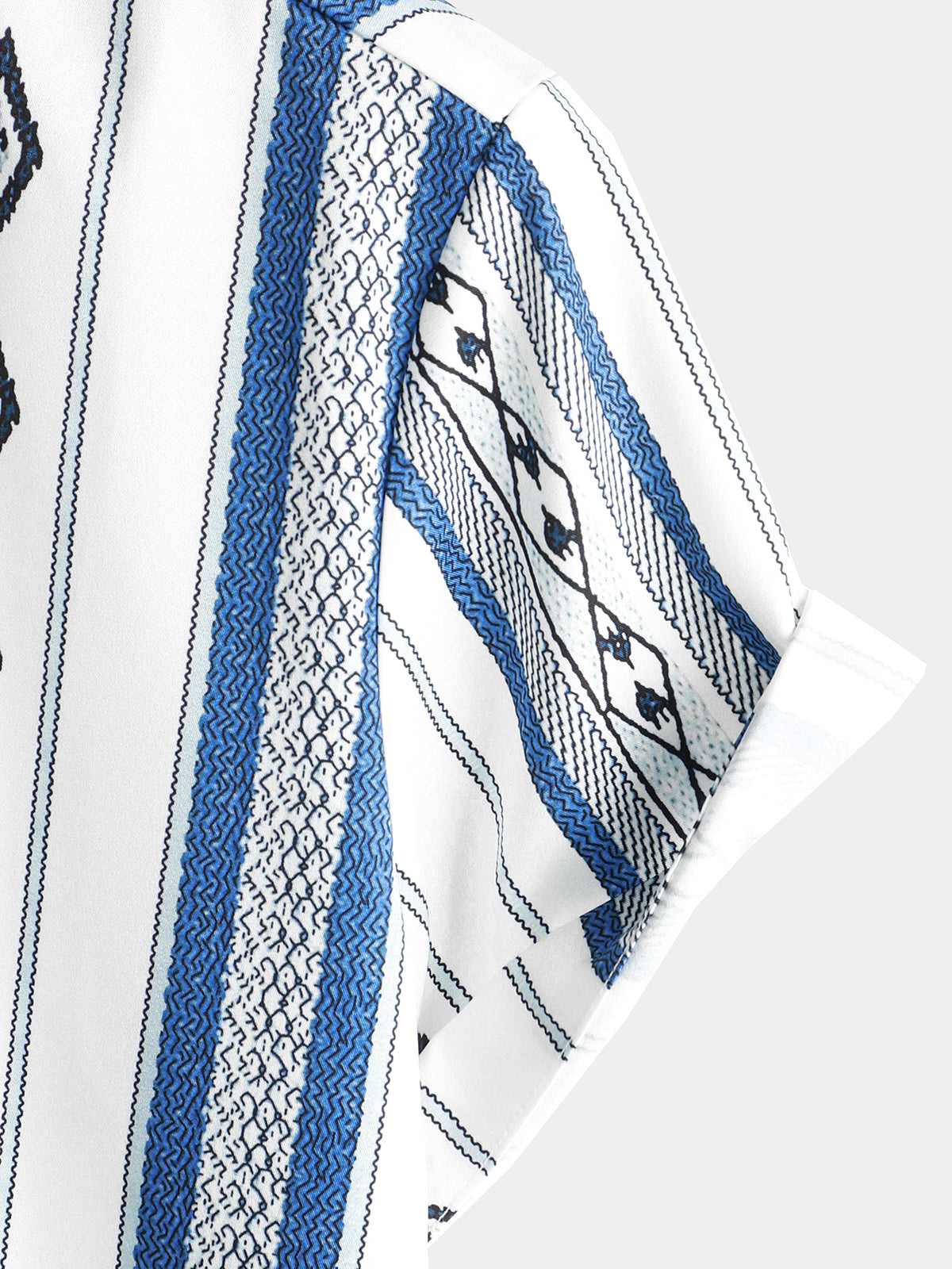Camisa casual Blue and White a rayas vintage de manga corta 70s retro Aztec estampado Button Up para hombre