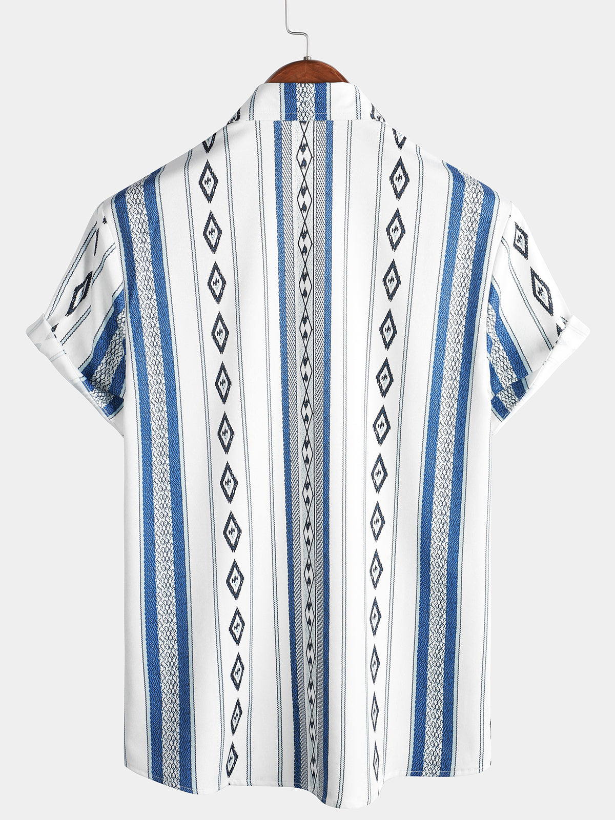 Camisa casual Blue and White a rayas vintage de manga corta 70s retro Aztec estampado Button Up para hombre