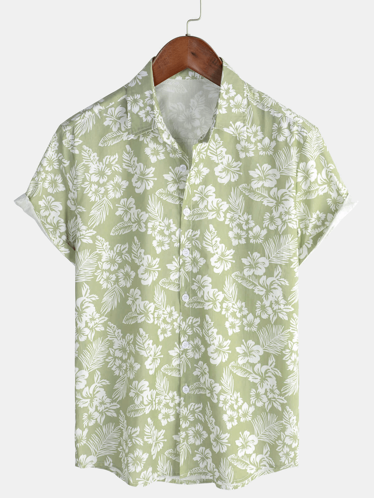 Camisa Hawaiian Green Holiday de algodón Summer floral Button Up de manga corta para hombre