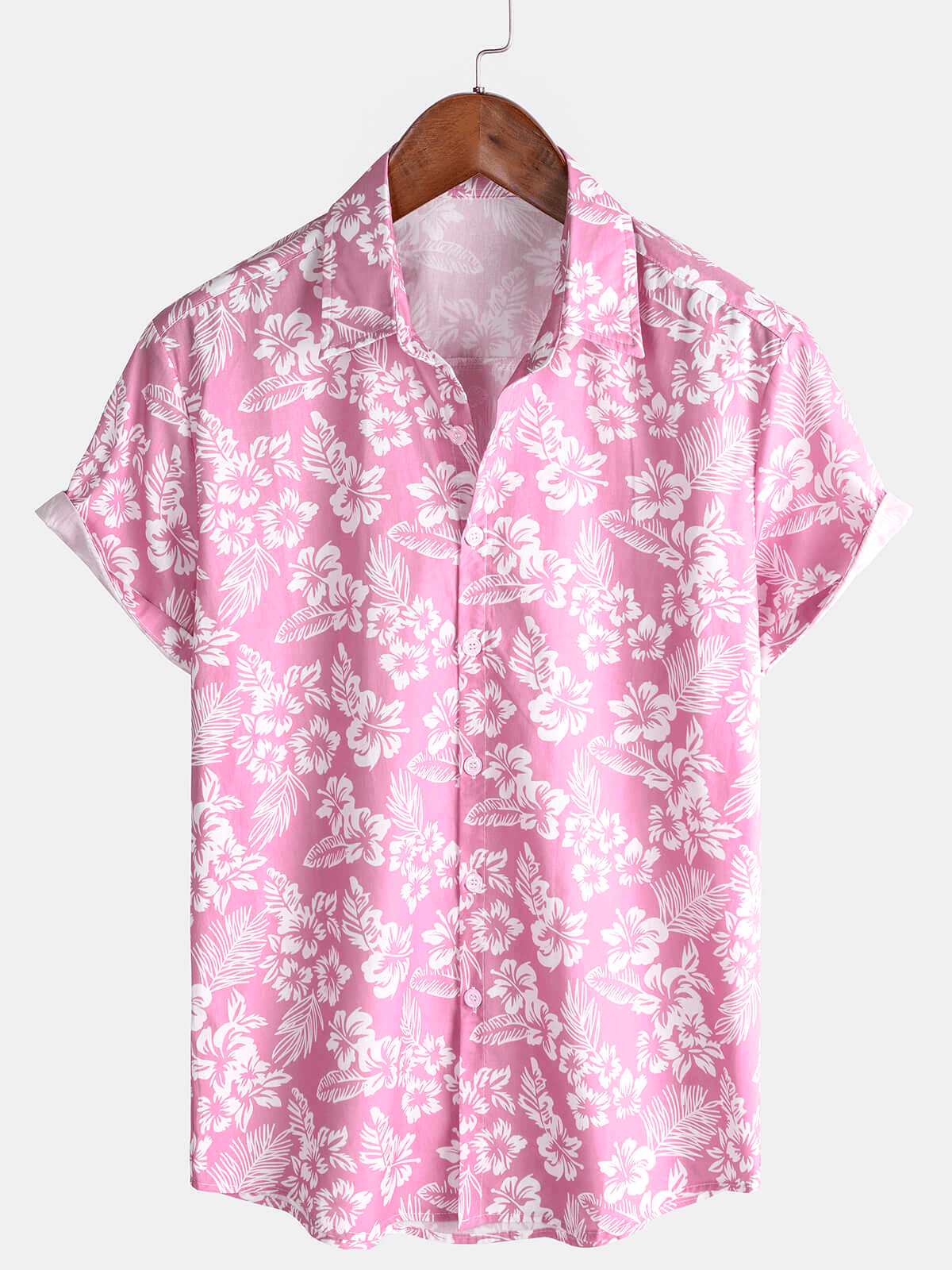 Camisa Pink de algodón Hawaiian floral Button Up Summer de manga corta para hombre