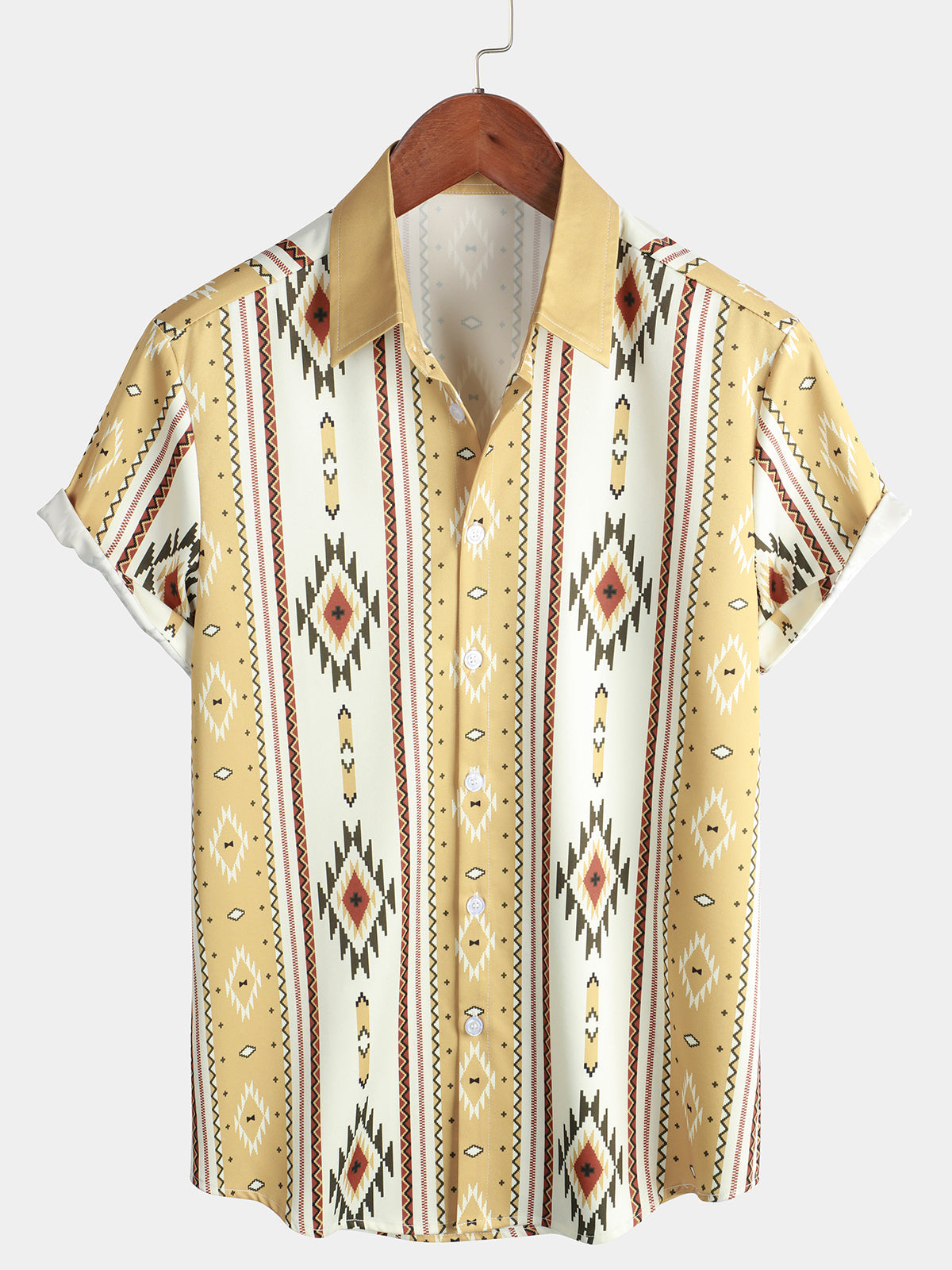 Camisa vintage Vertical a rayas de manga corta 70s retro Aztec estampado Button Up para hombre