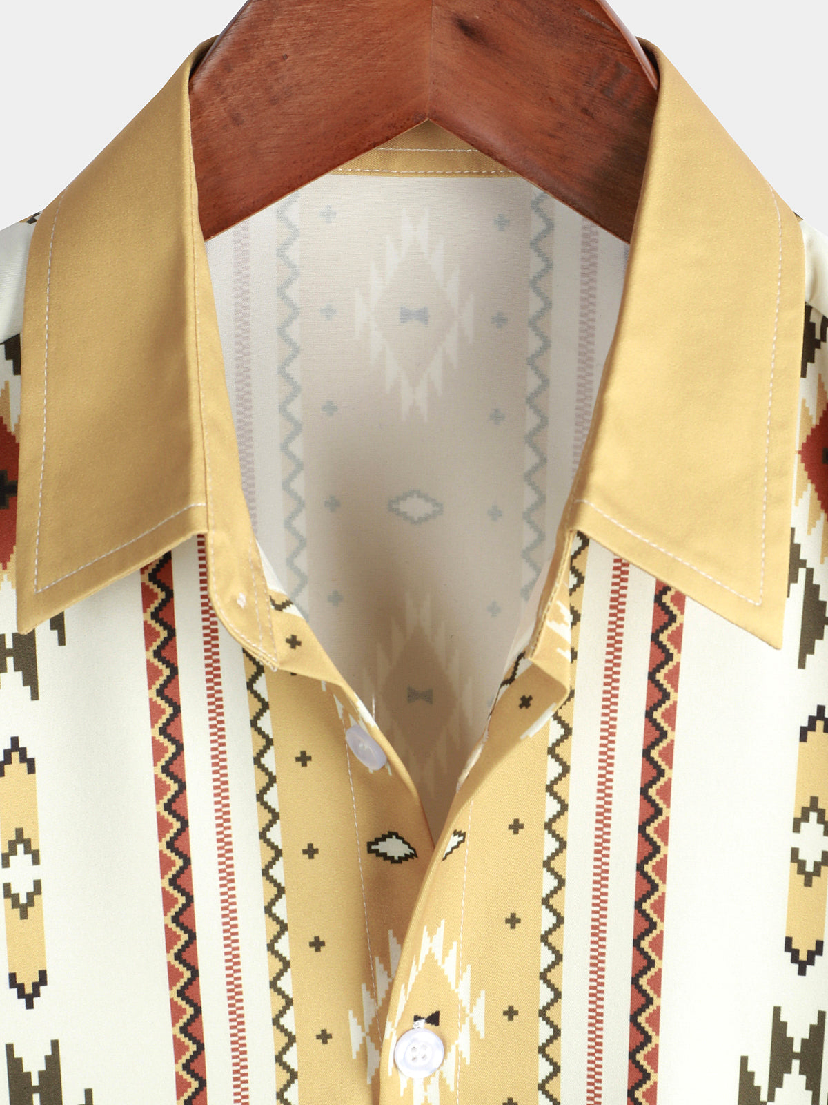 Camisa vintage Vertical a rayas de manga corta 70s retro Aztec estampado Button Up para hombre
