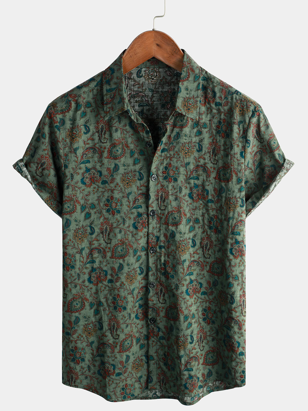Camisa retro Paisley 70s Green Holiday Button Up vintage de manga corta para hombre