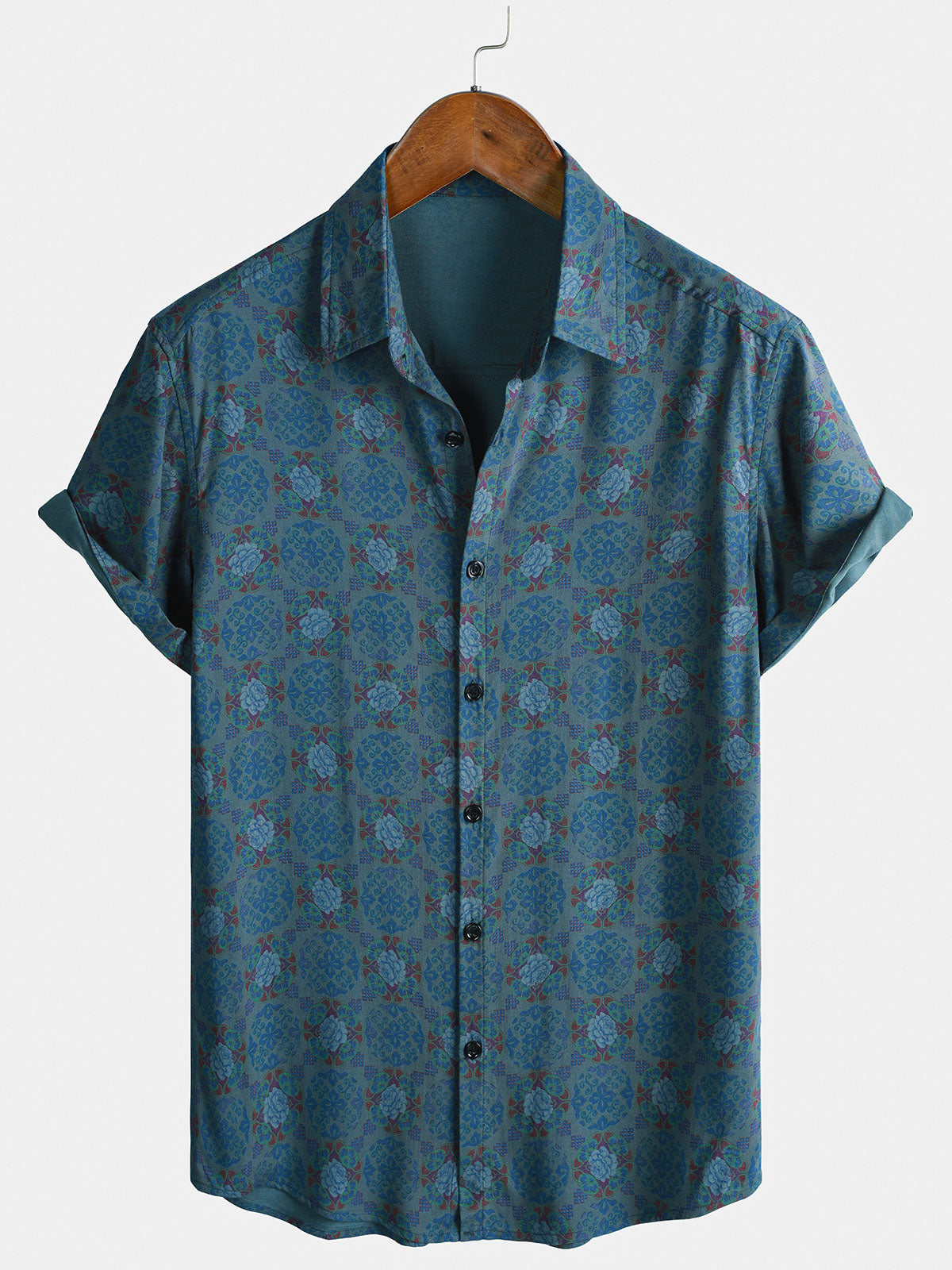 Camisa retro Bohemian casual de manga corta para hombre