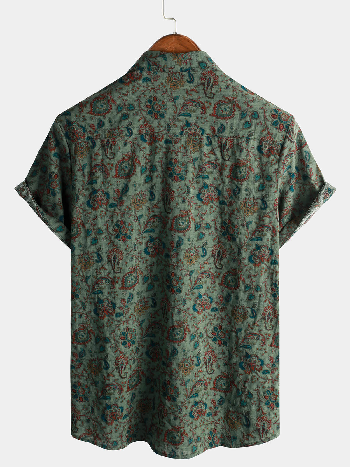 Camisa retro Paisley 70s Green Holiday Button Up vintage de manga corta para hombre