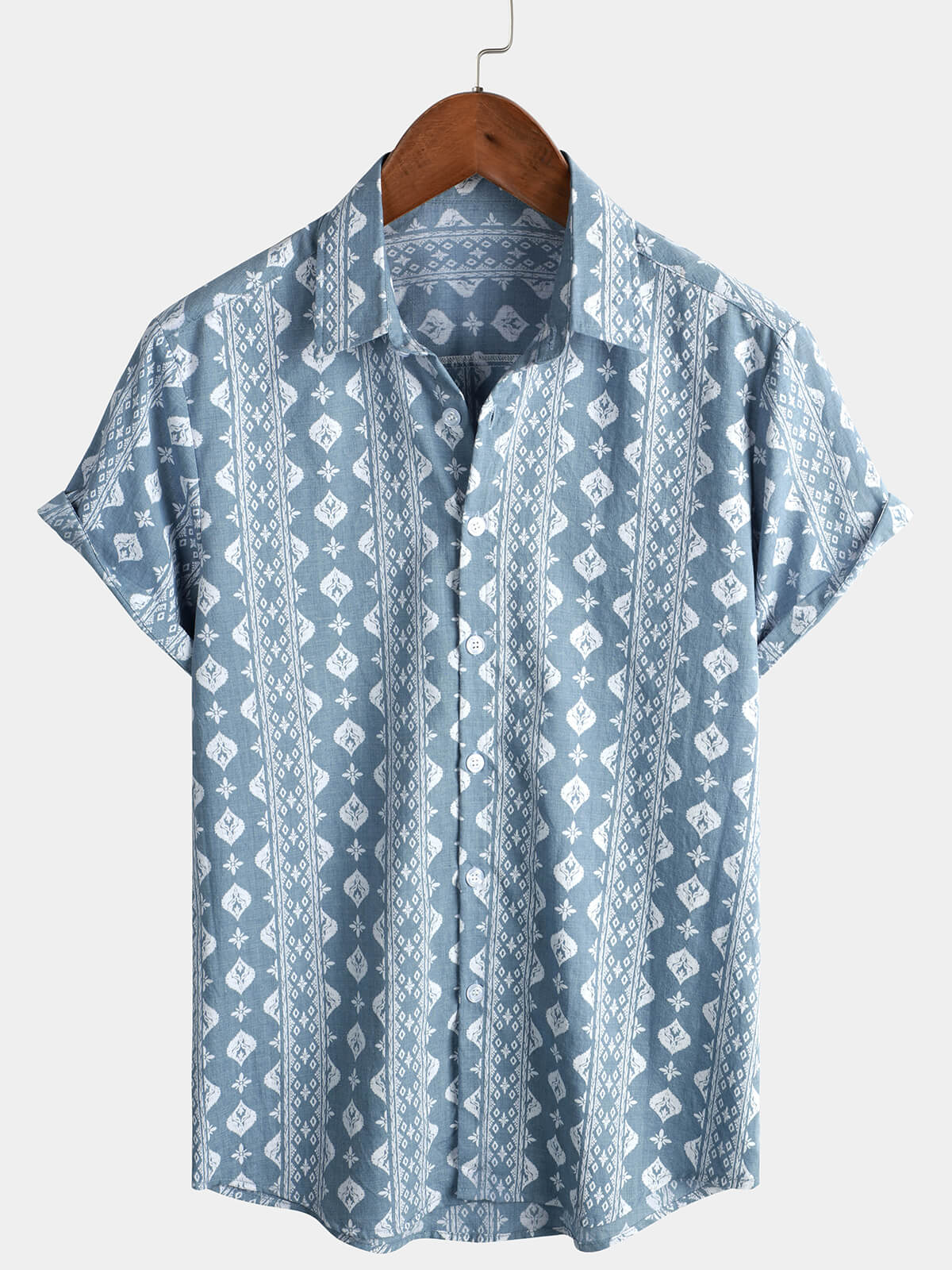 Camisa Blue de algodón retro Button Up a rayas vintage Summer de manga corta para hombre