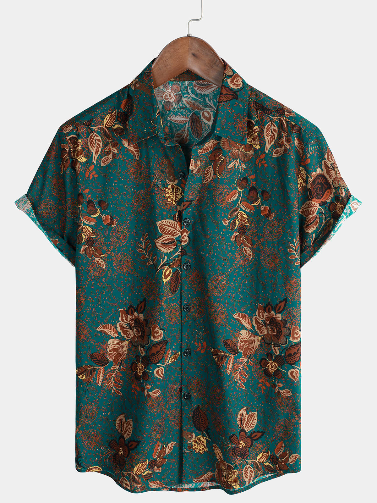 Camisa vintage Holiday de algodón Green Hawaiian floral Button Up de manga corta para hombre