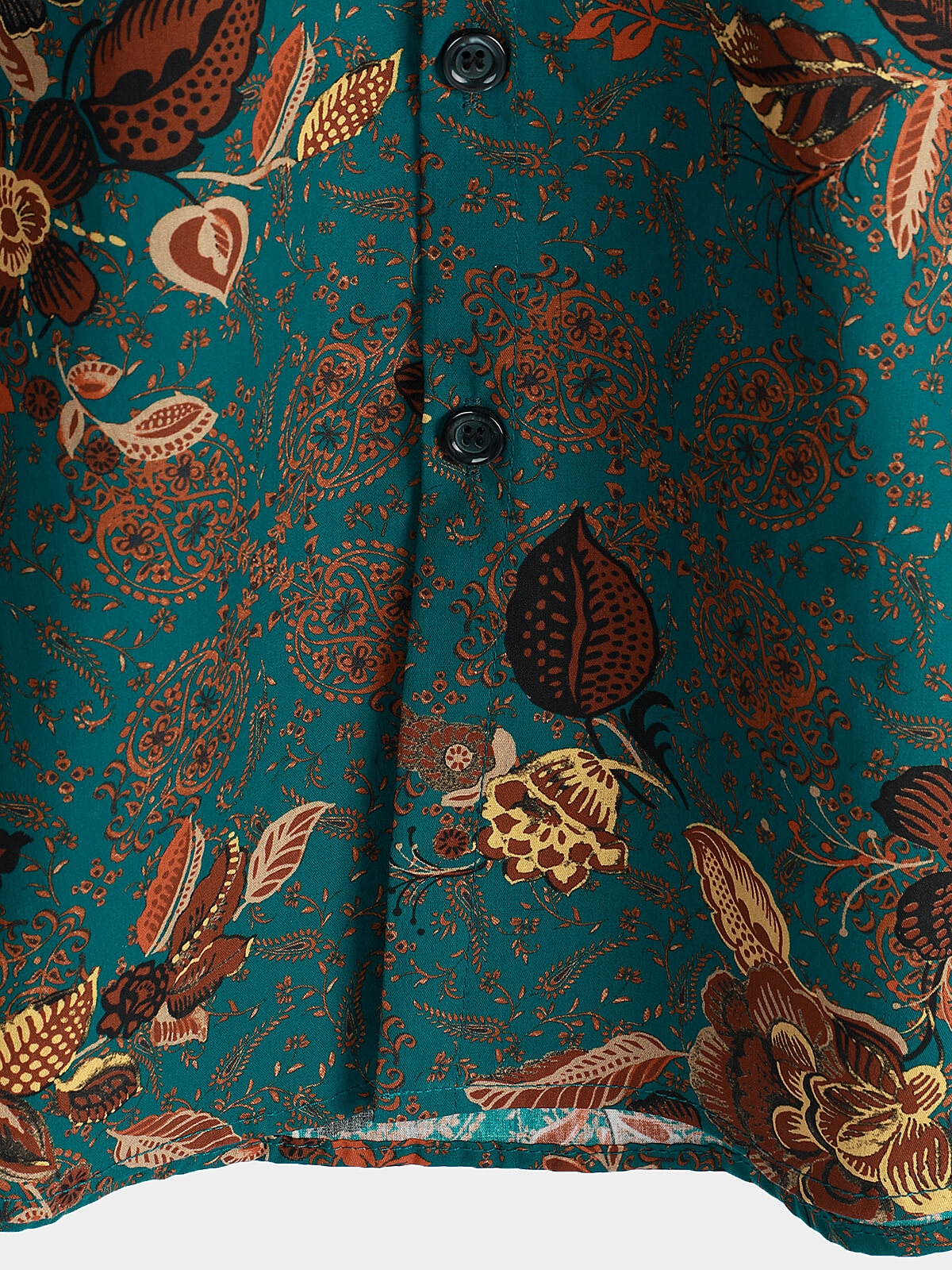 Camisa vintage Holiday de algodón Green Hawaiian floral Button Up de manga corta para hombre