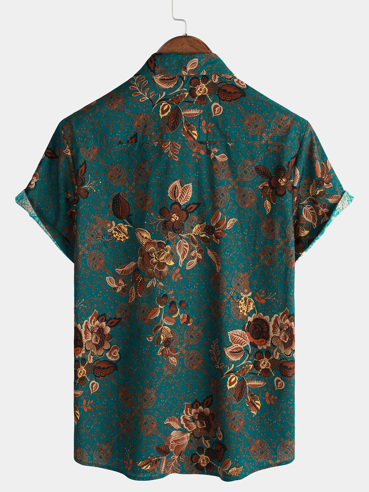 Camisa vintage Holiday de algodón Green Hawaiian floral Button Up de manga corta para hombre