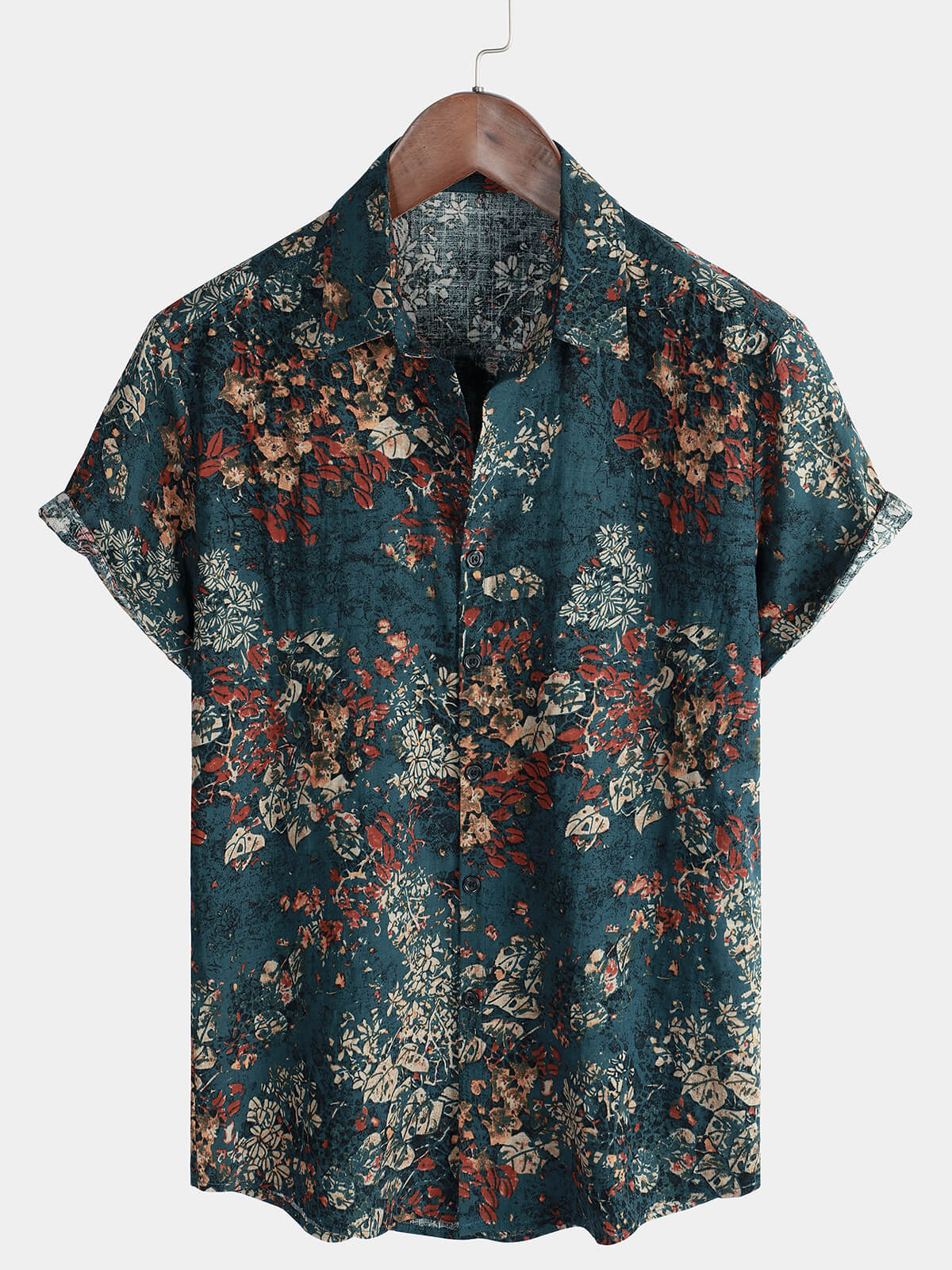 Camisa vintage Holiday retro de algodón floral Button Up de manga corta para hombre