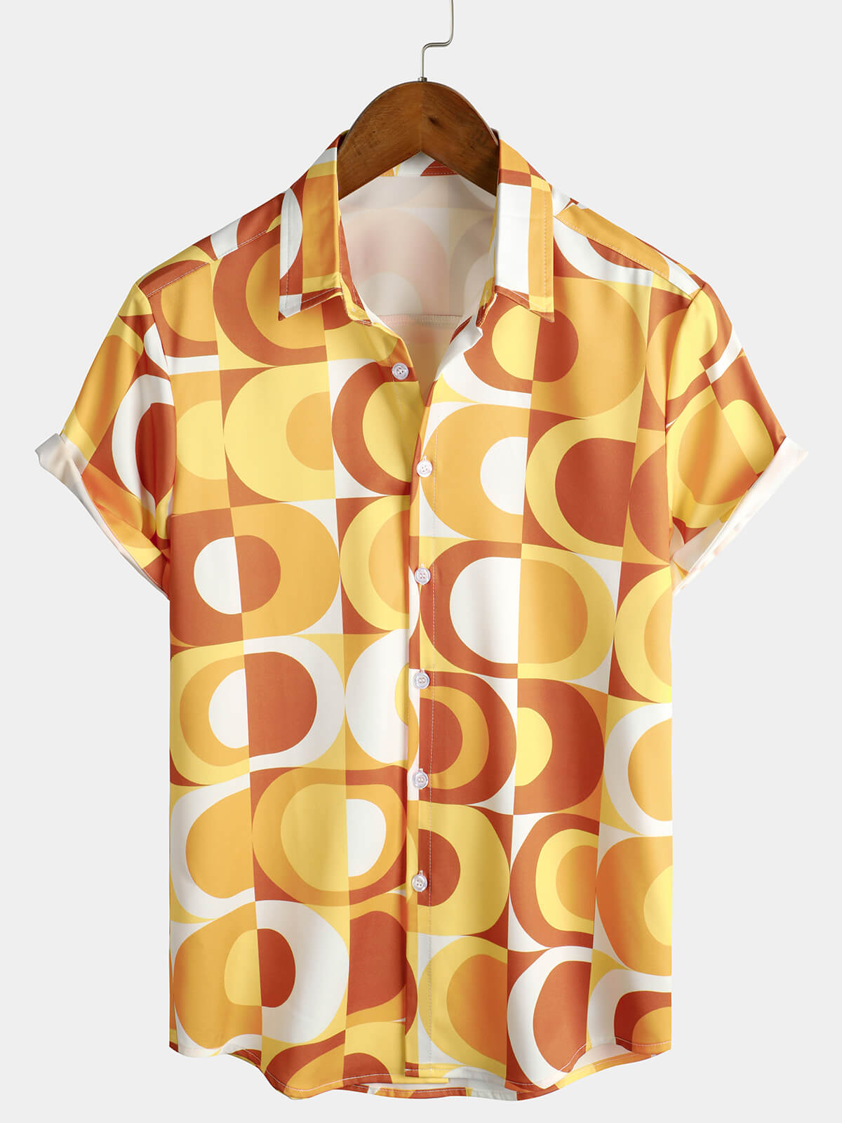 Camisa Summer retro Button Up vintage Orange 70s Geometric Disco Summer Beach Cool de manga corta para hombre