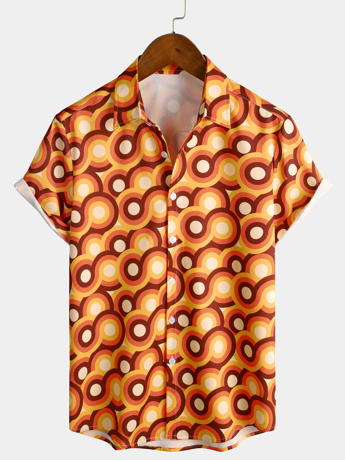 Camisa Orange 70s retro Button Up vintage Geometric Circle Summer Beach de manga corta para hombre