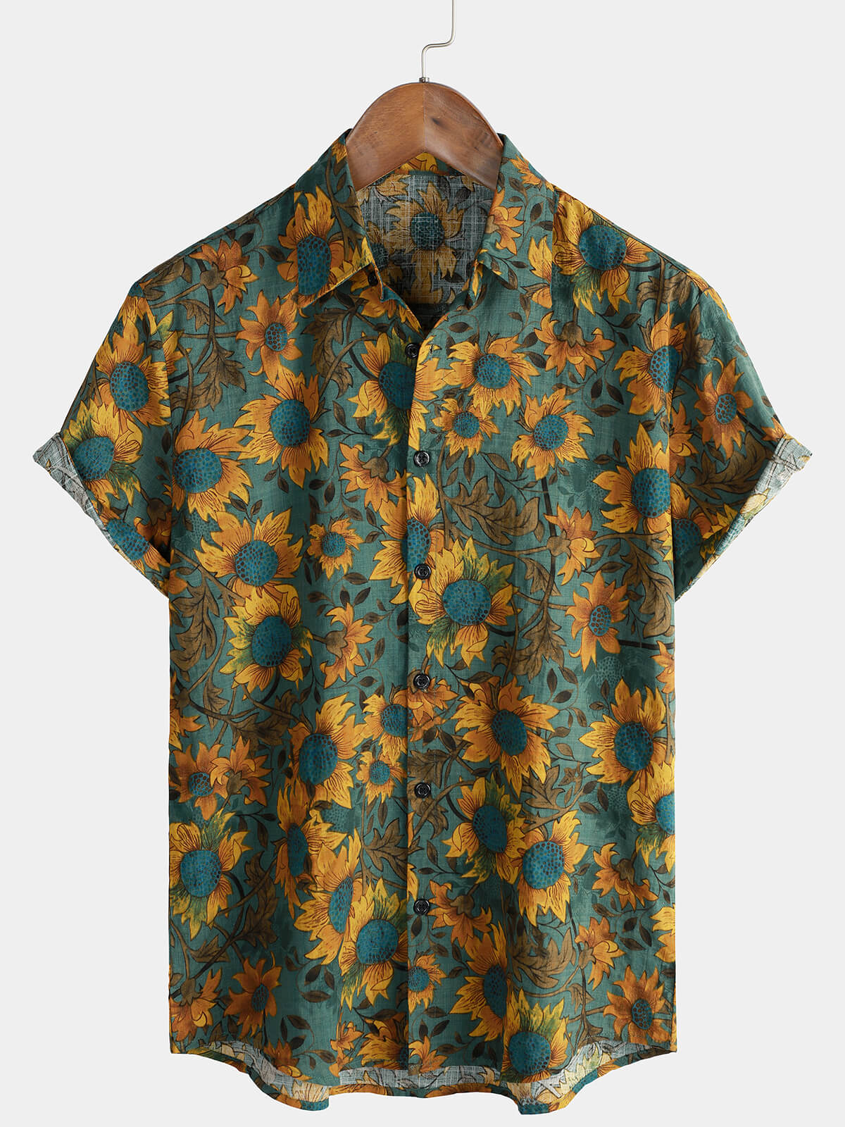 Camisa retro Sunflower transpirable de algodón de manga corta Summer para hombre
