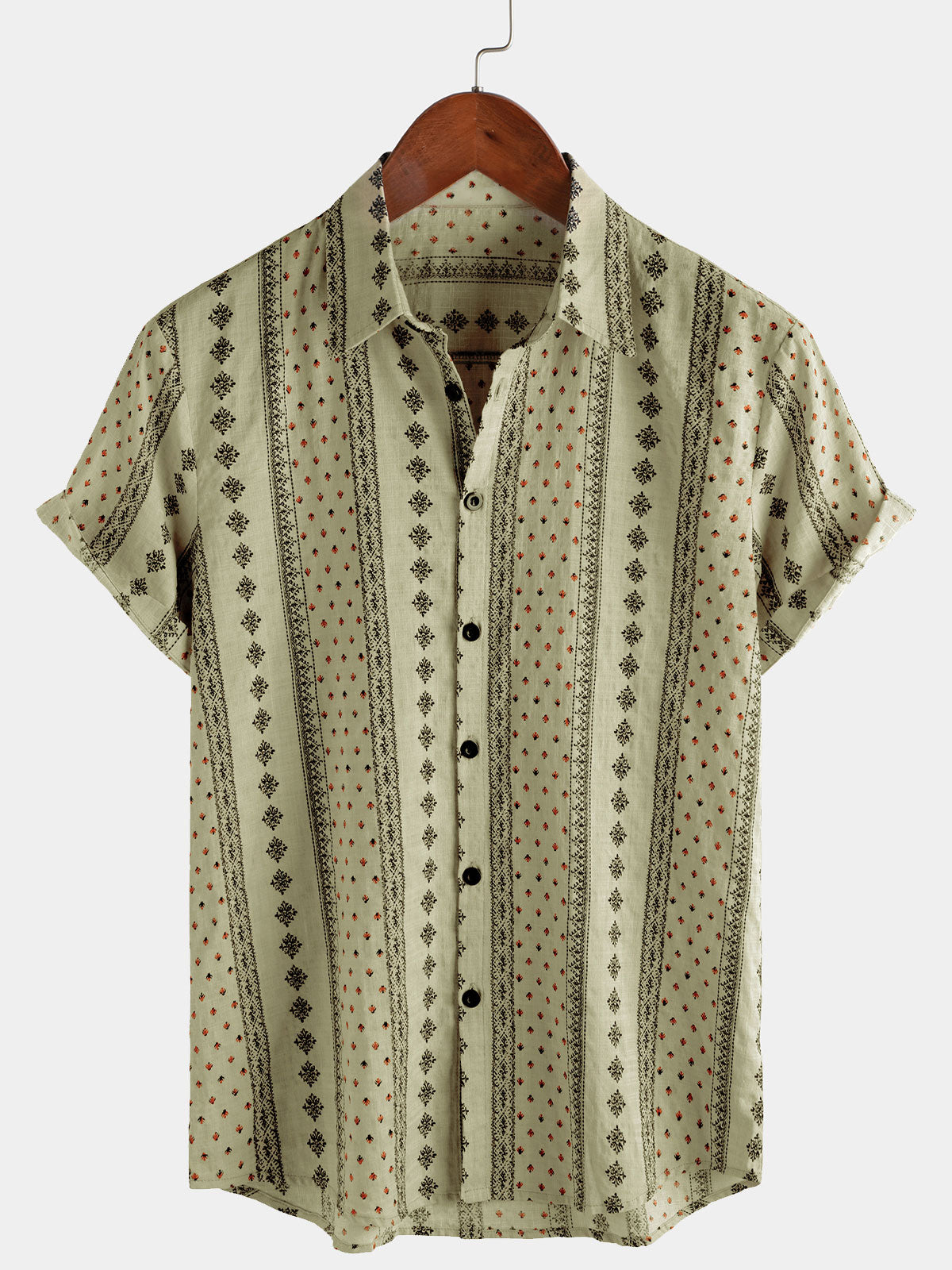 Camisa retro Khaki a rayas estampado Button Up 70s vintage de manga corta para hombre