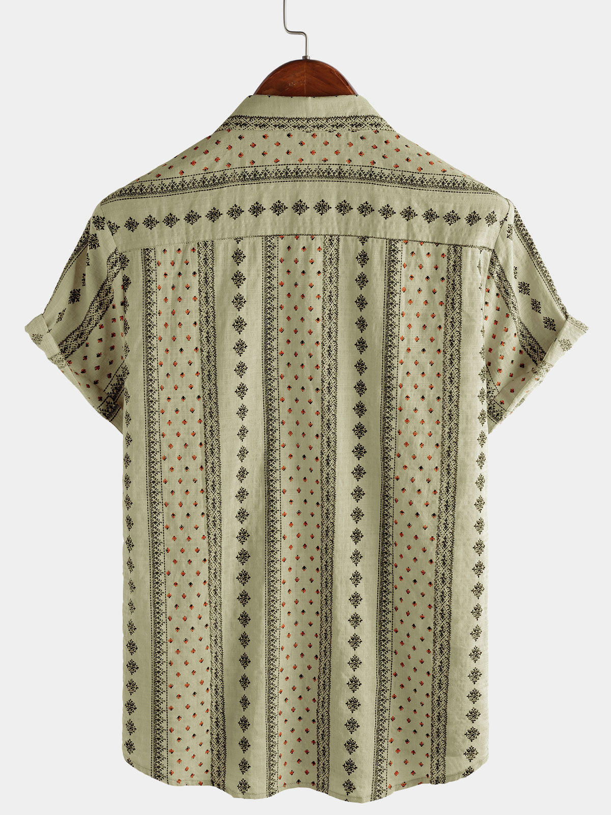 Camisa retro Khaki a rayas estampado Button Up 70s vintage de manga corta para hombre