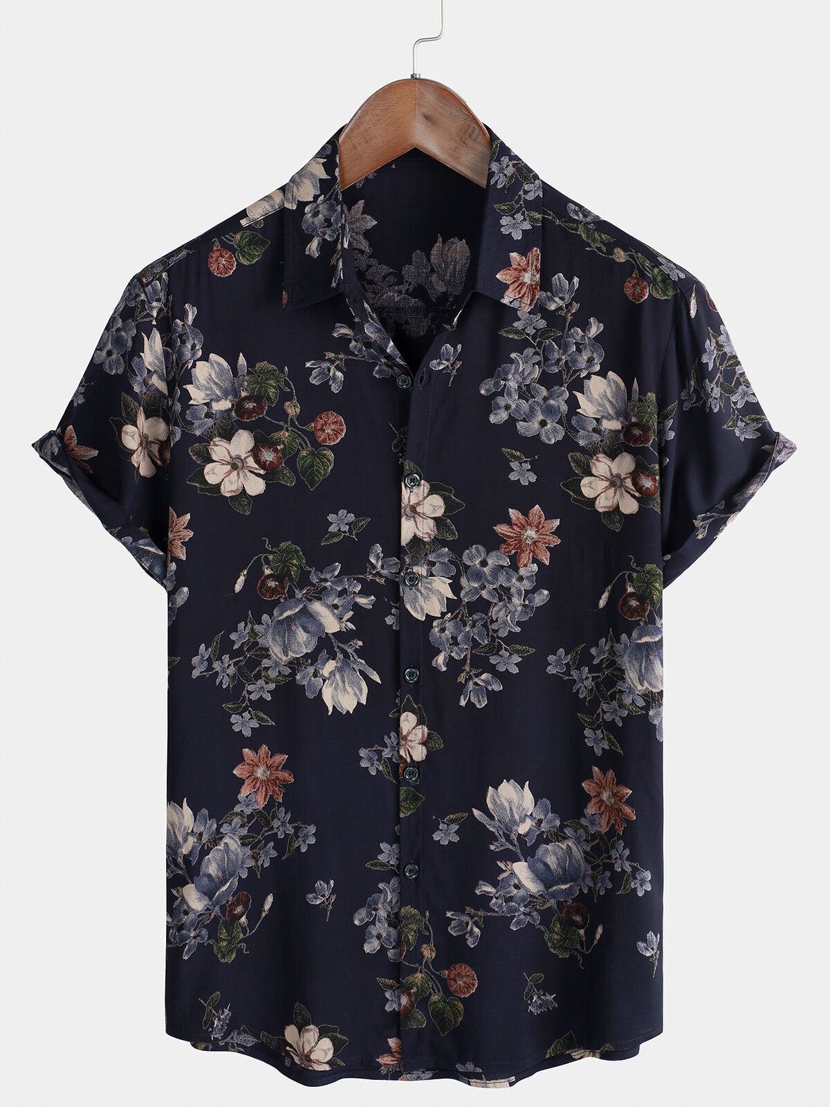 Camisa vintage Navy Blue Holiday Summer floral Beach Rayon de manga corta para hombre
