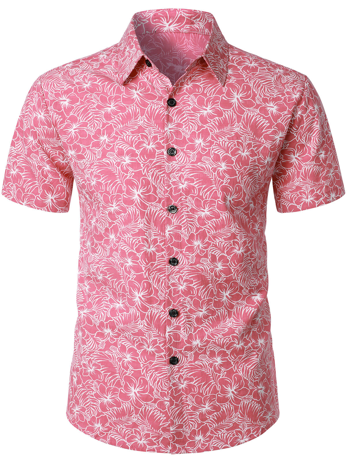 Camisa de algodón floral Holiday Flower estampado Button Up Beach Pink Hawaiian de manga corta para hombre