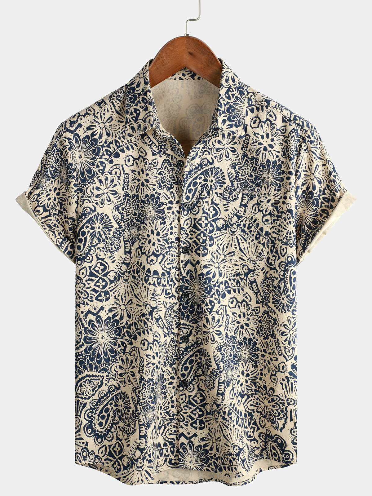 Camisa retro floral Pocket de manga corta 70s Paisley estampado vintage Button Up para hombre