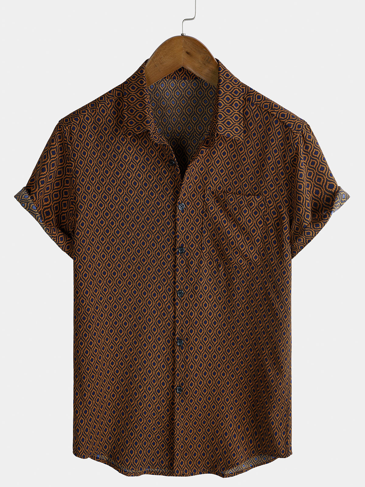 Camisa casual Holiday Brown de manga corta Button Up retro para hombre