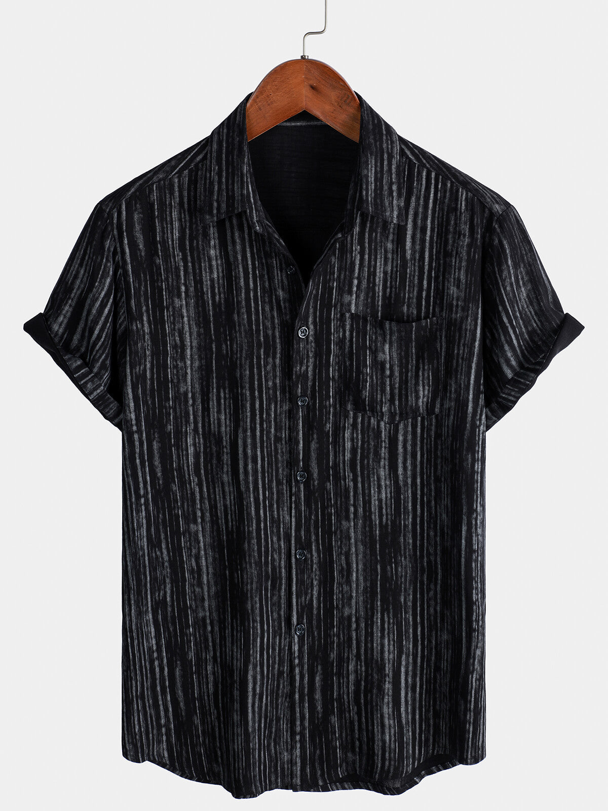 Camisa transpirable de manga corta Pocket Black a rayas para hombre