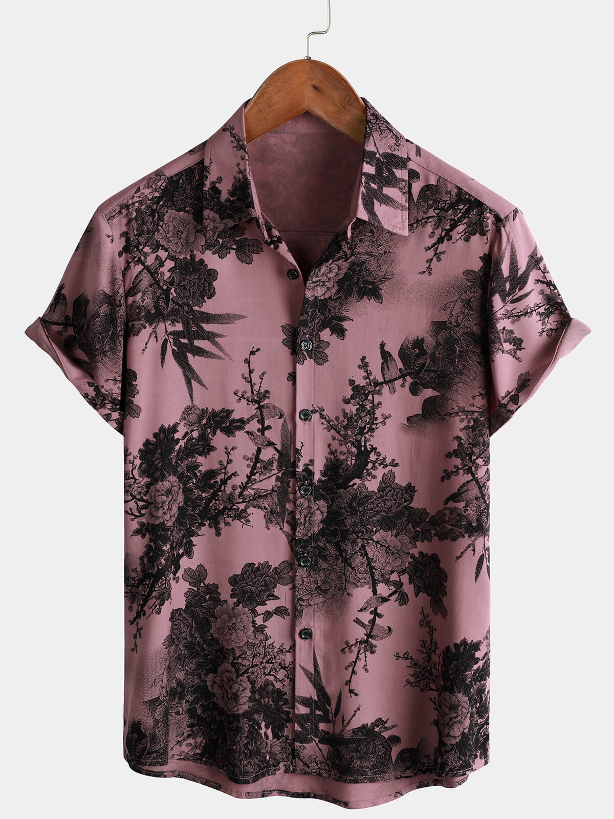 Camisa Bamboo floral Cool Summer Hawaiian Rayon Pink Button Up de manga corta para hombre