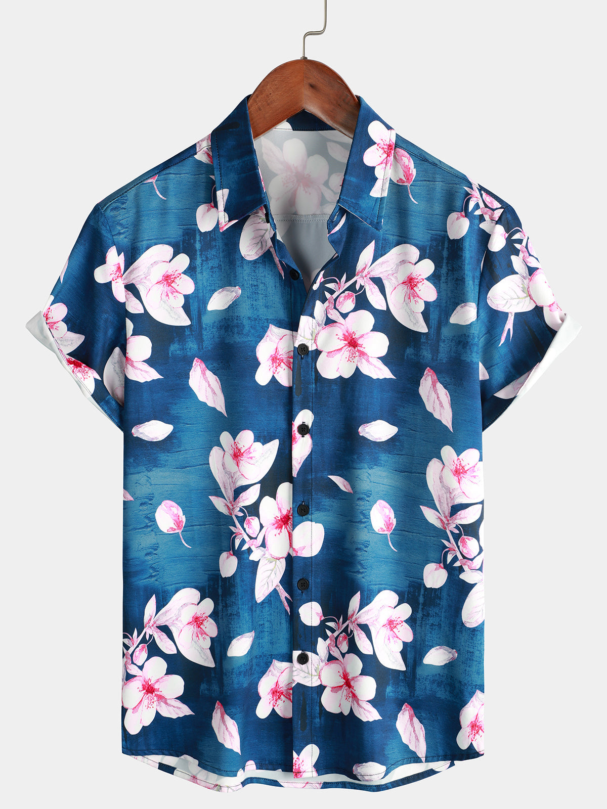Camisa floral estampado Button Up casual Lapel Navy Blue de manga corta Resort Summer para hombre