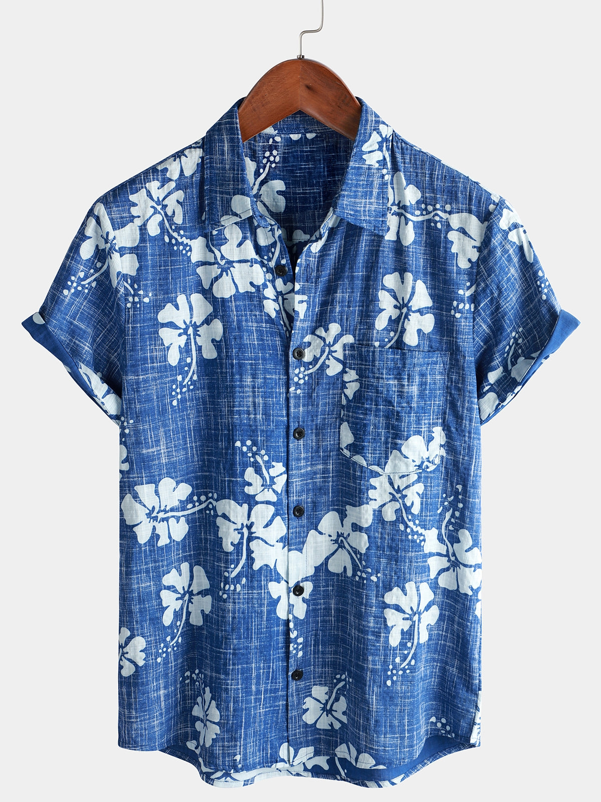 Camisa Blue floral vintage de manga corta Button Up Beach Tropical Hawaiian para hombre