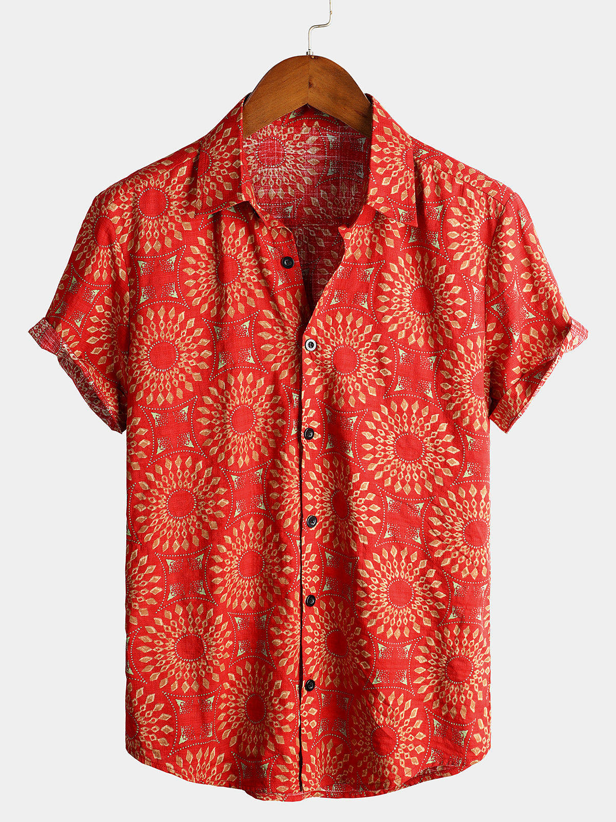 Camisa de algodón vintage 70s floral retro Button Up Green Summer Beach Bohemian Boho de manga corta para hombre