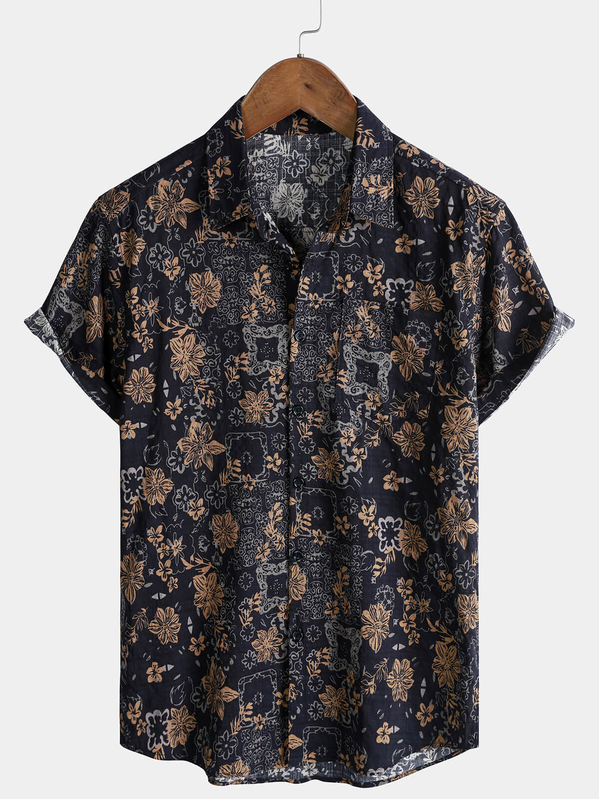 Camisa vintage floral estampado Bohemian Beach de manga corta para hombre