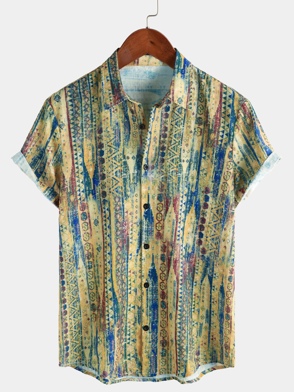 Camisa retro a rayas Yellow Button Up de manga corta para hombre