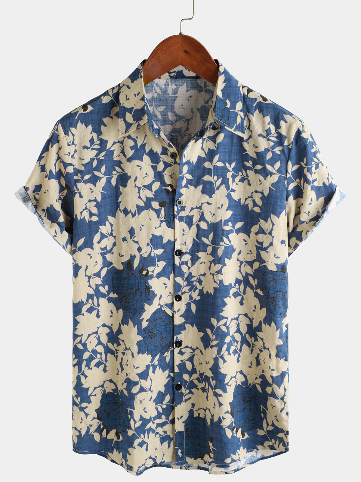 Camisa vintage floral Blue casual Beach de manga corta para hombre