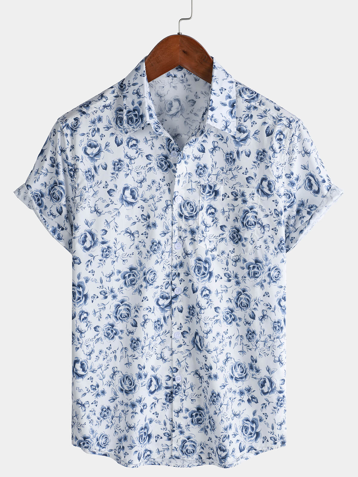 Blue Rose estampado transpirable de algodón Island Cruise Summer Holiday Resorcamiseta para hombre