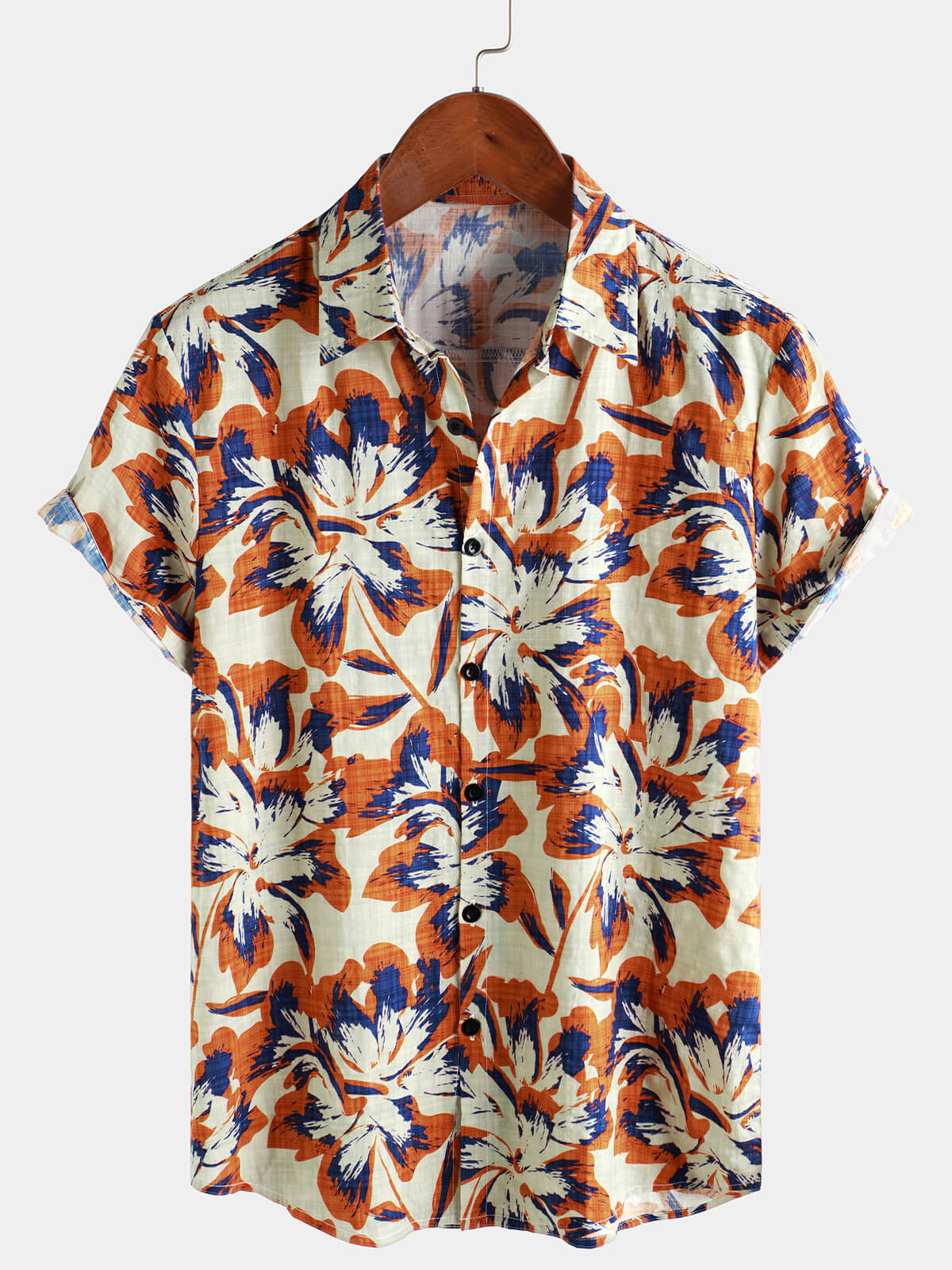 Camisa retro floral Orange de manga corta Button Up para hombre