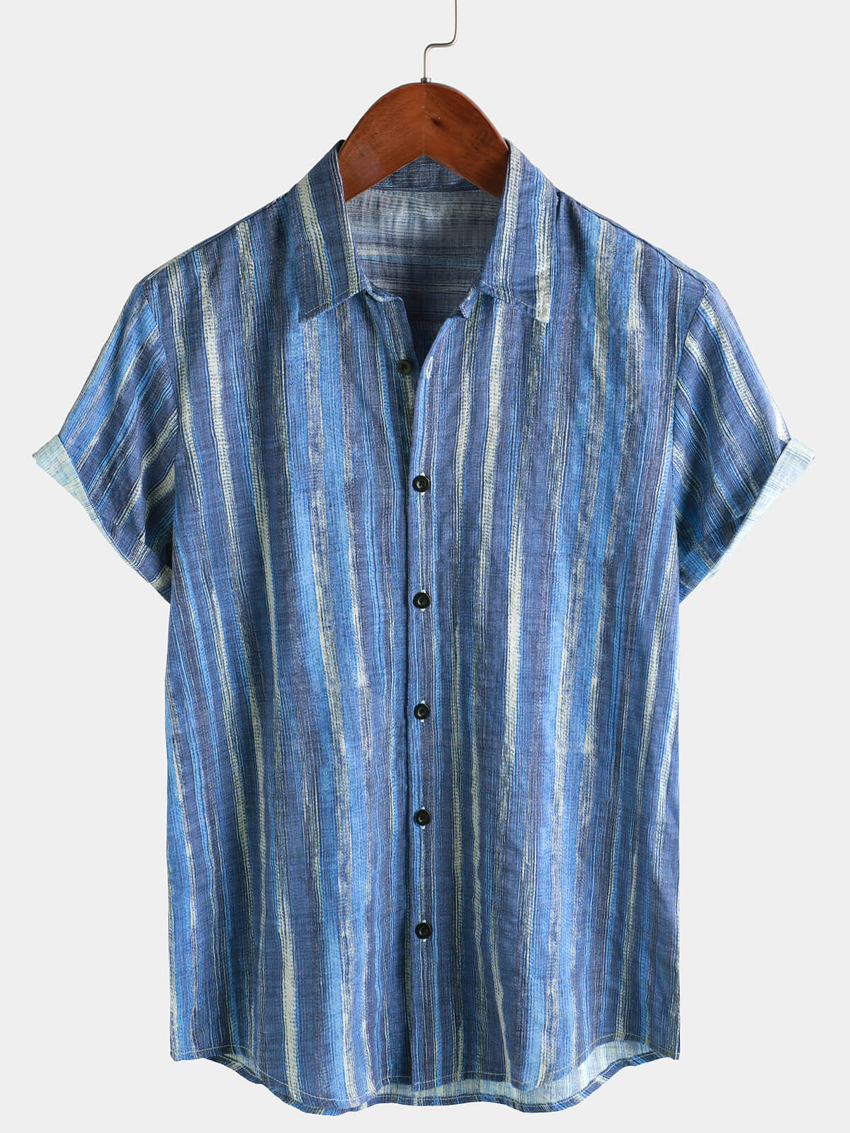 Camisa retro Blue a rayas Holiday de manga corta para hombre