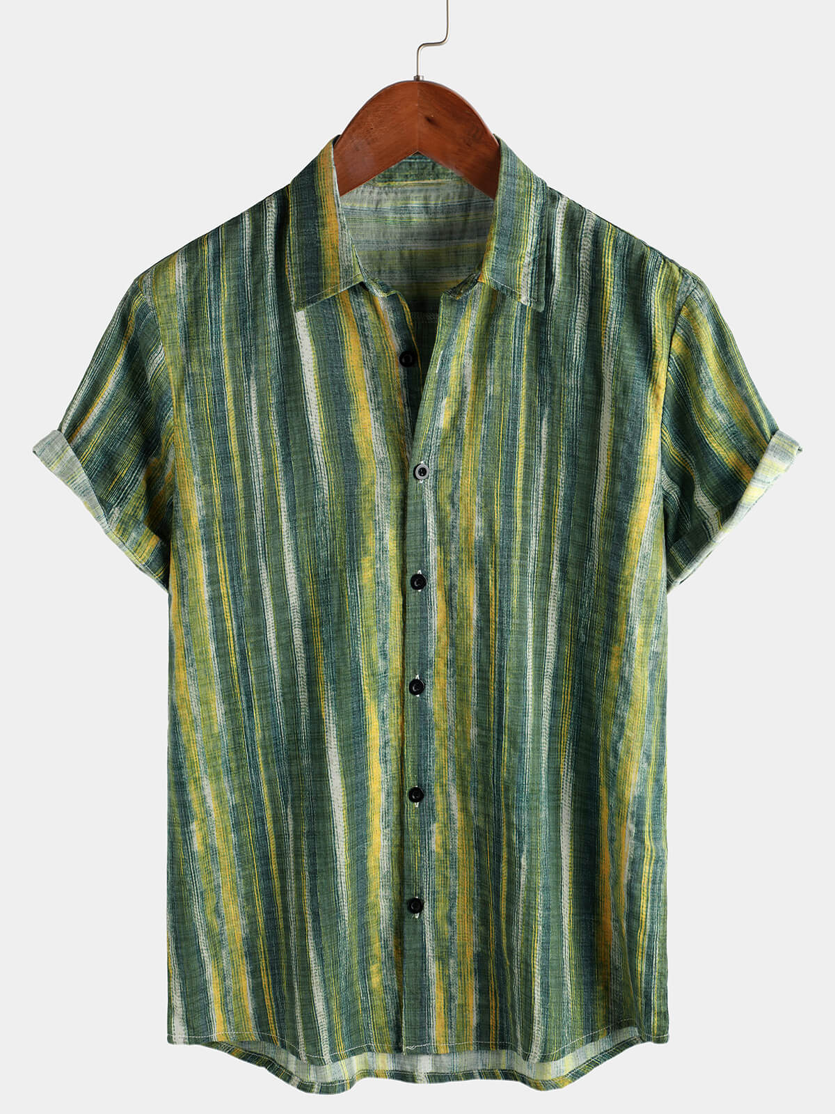 Camisa retro Green a rayas de manga corta para hombre