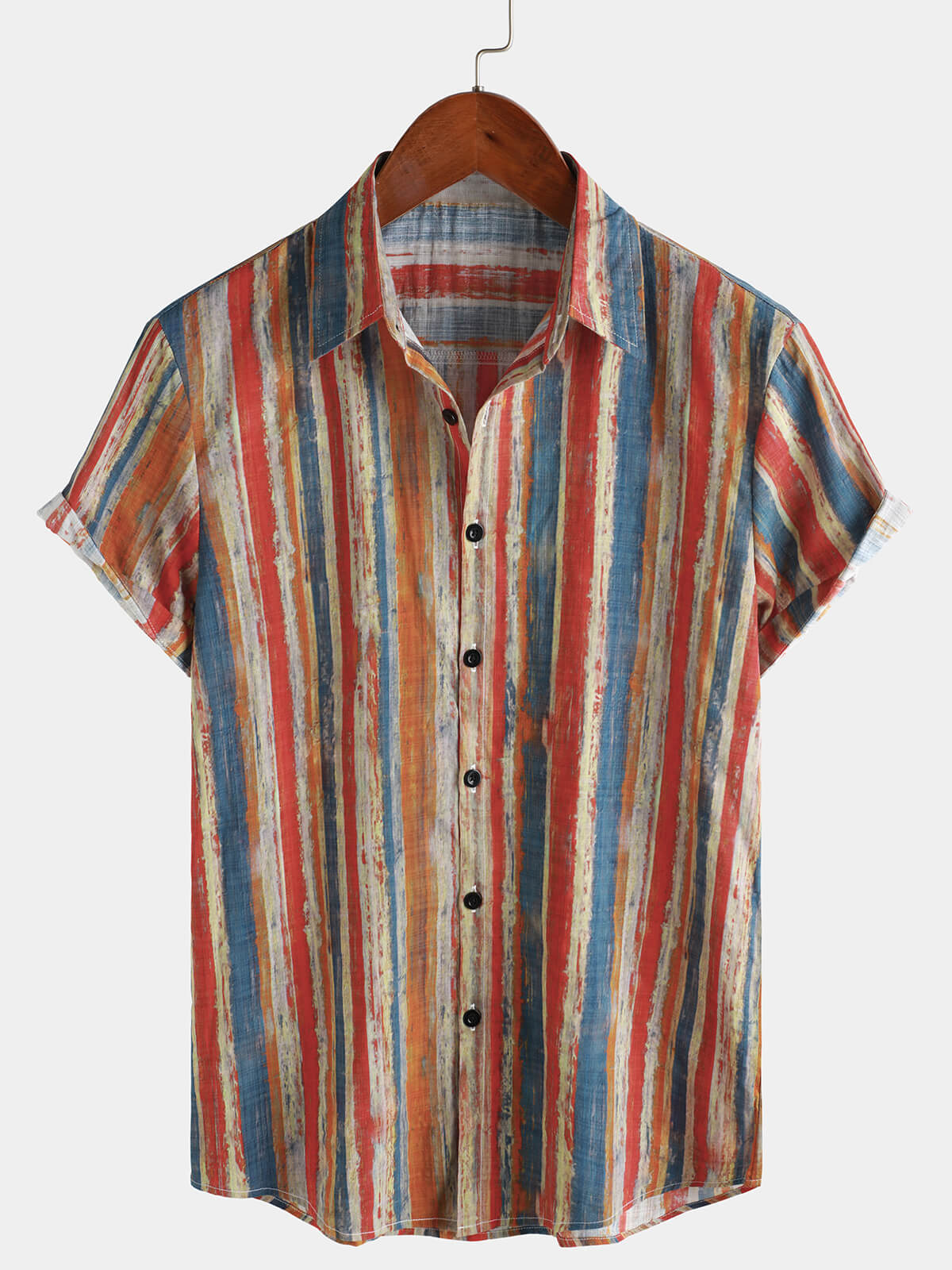 Camisa casual retro Multicolor a rayas Holiday Button Up de manga corta para hombre