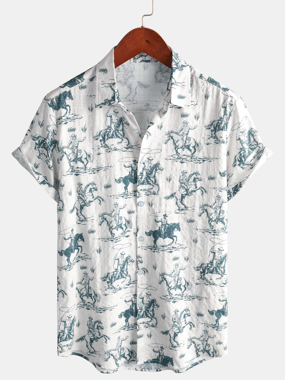 Camisa Horse estampado Cowboy Button Up Holiday de manga corta para hombre