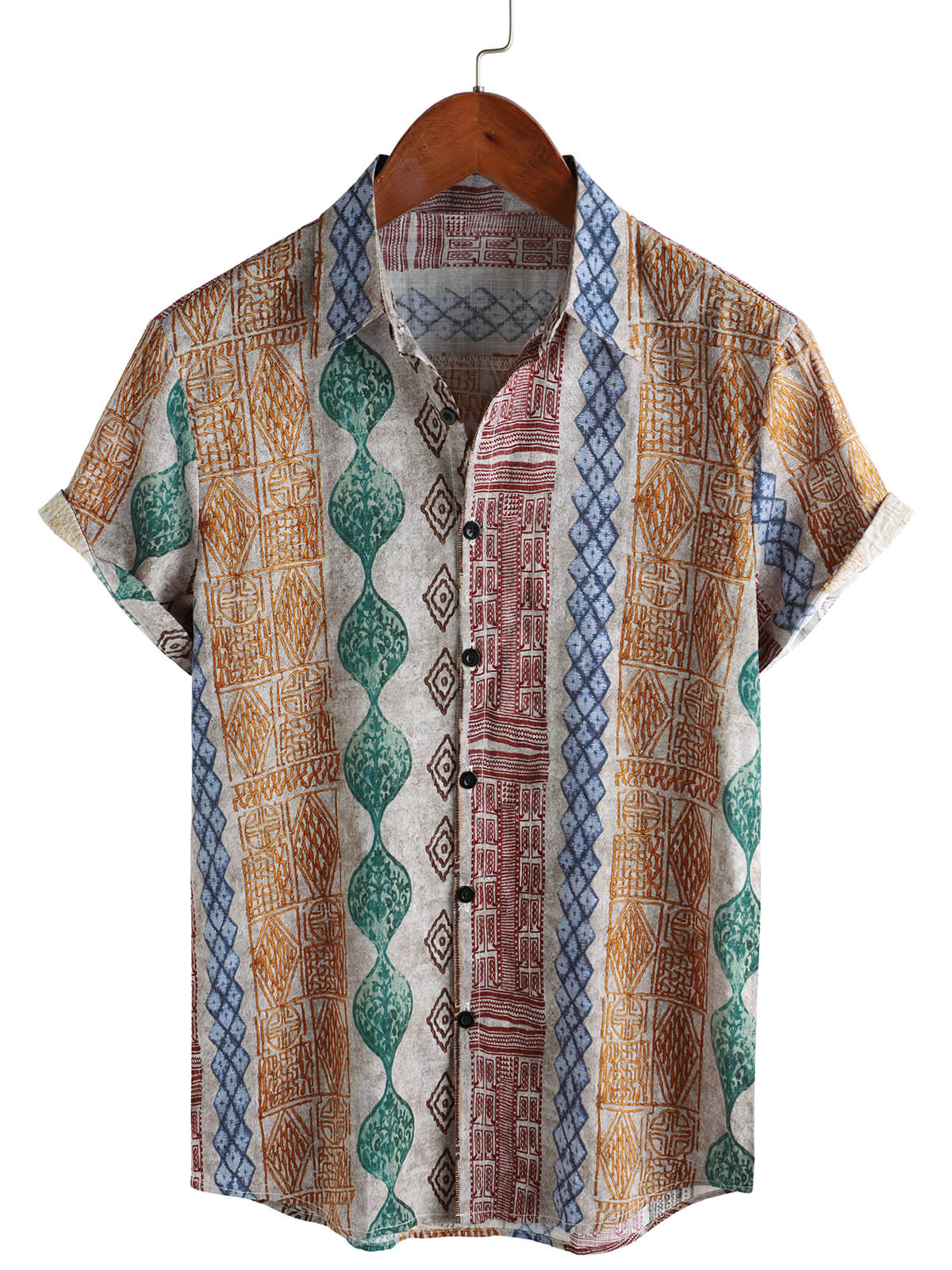 Camisa retro a rayas estampado Holiday Button Up de manga corta para hombre