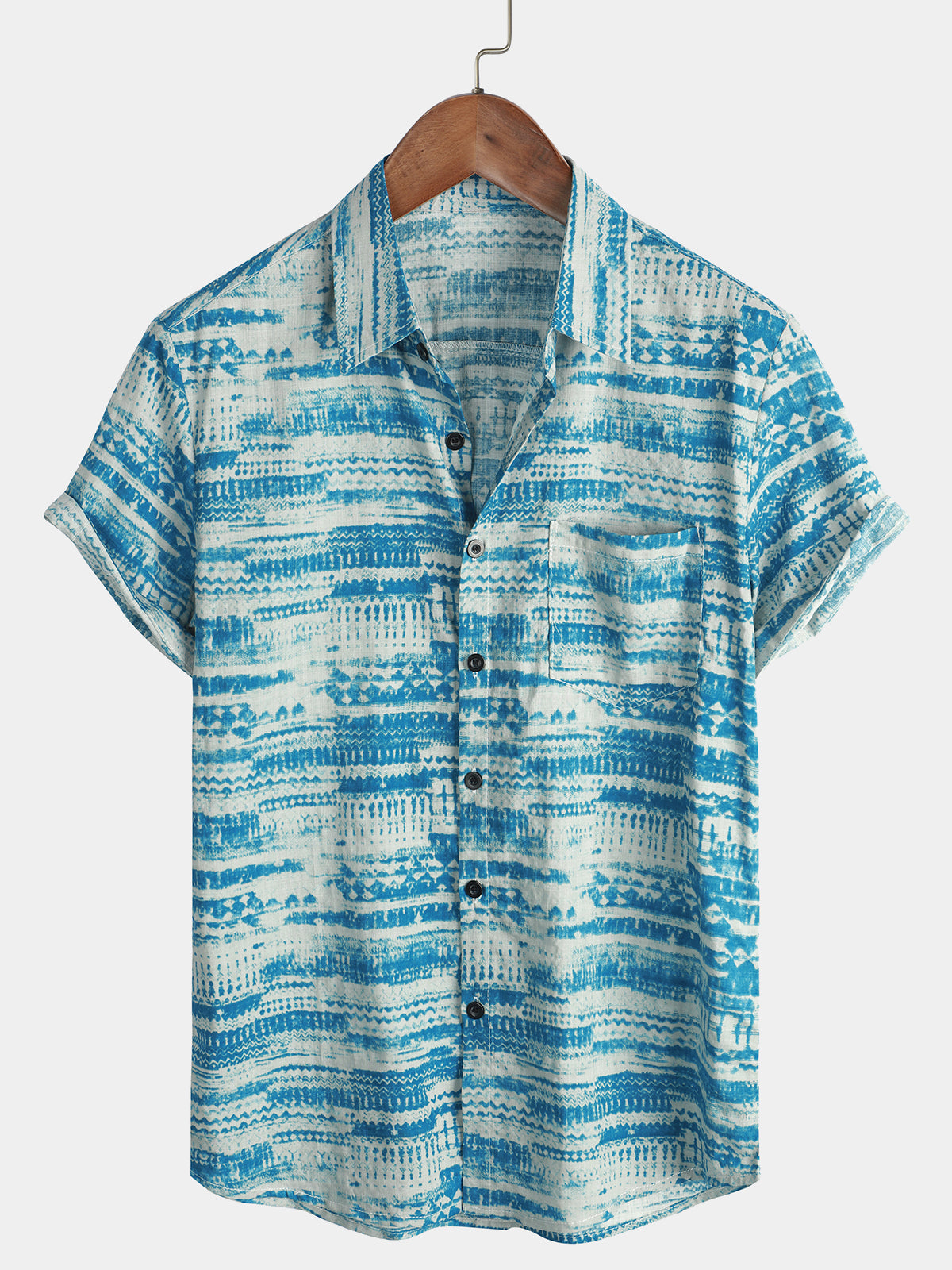 Camisa Blue vintage Pocket Holiday Summer de manga corta Button para hombre