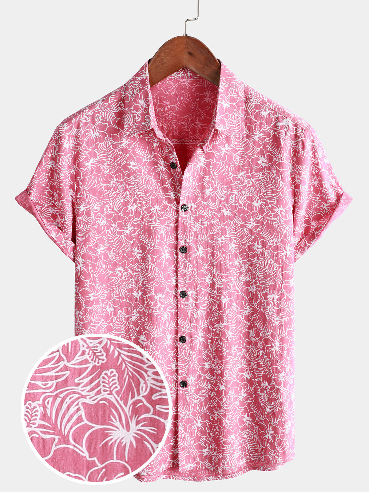 Camisa de algodón floral Holiday Flower estampado Button Up Beach Pink Hawaiian de manga corta para hombre