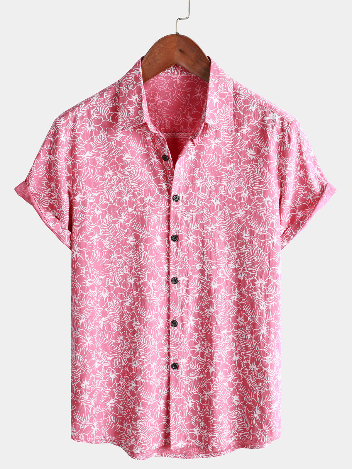 Camisa de algodón floral Holiday Flower estampado Button Up Beach Pink Hawaiian de manga corta para hombre