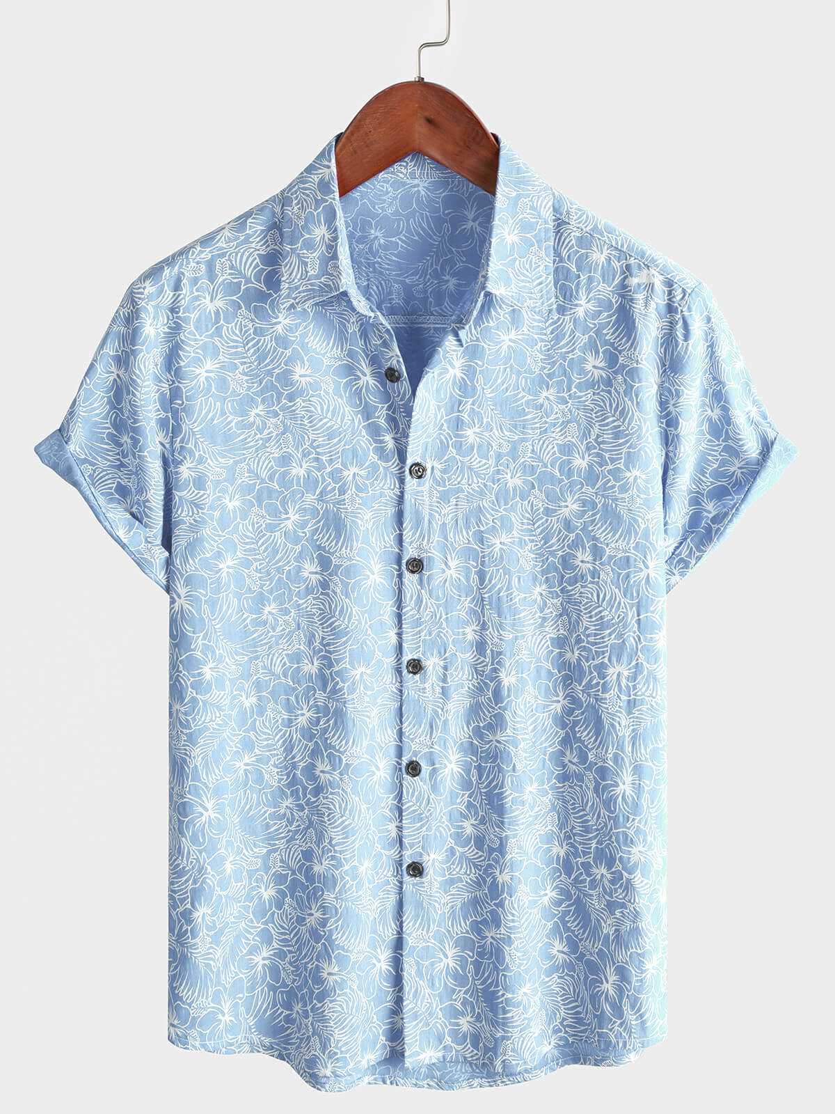 Camisa de algodón floral Holiday Flower estampado Button Up Beach Light Blue Hawaiian de manga corta para hombre