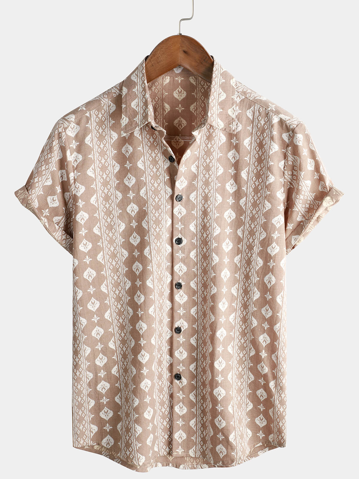 Camisa de algodón retro Button Up 70s Brown a rayas vintage de manga corta para hombre